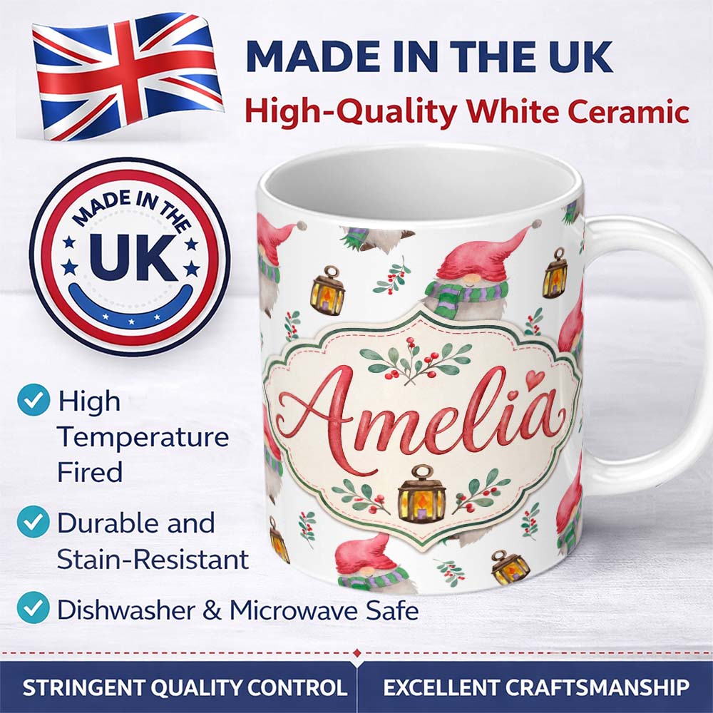 Personalized Custom Name Cute Christmas Gnome Lantern Holly Berry Winter Seamless Pattern 11oz Ceramic Coffee Tea Mug White Large Handle