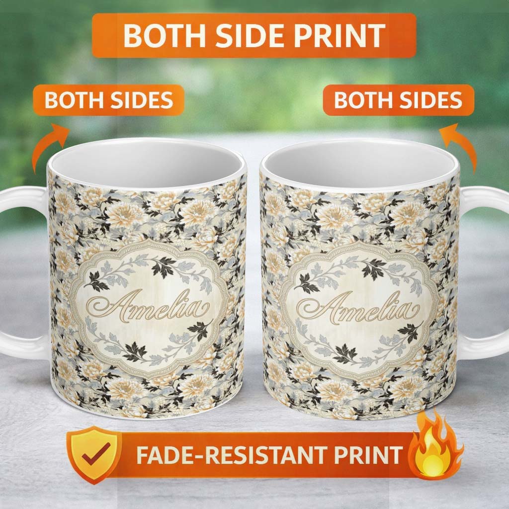 Personalized Custom Name Elegant Peach and Dark Leaf Floral Seamless Pattern Vintage Lovely 11oz Ceramic Coffee Tea Mug White Large Handle