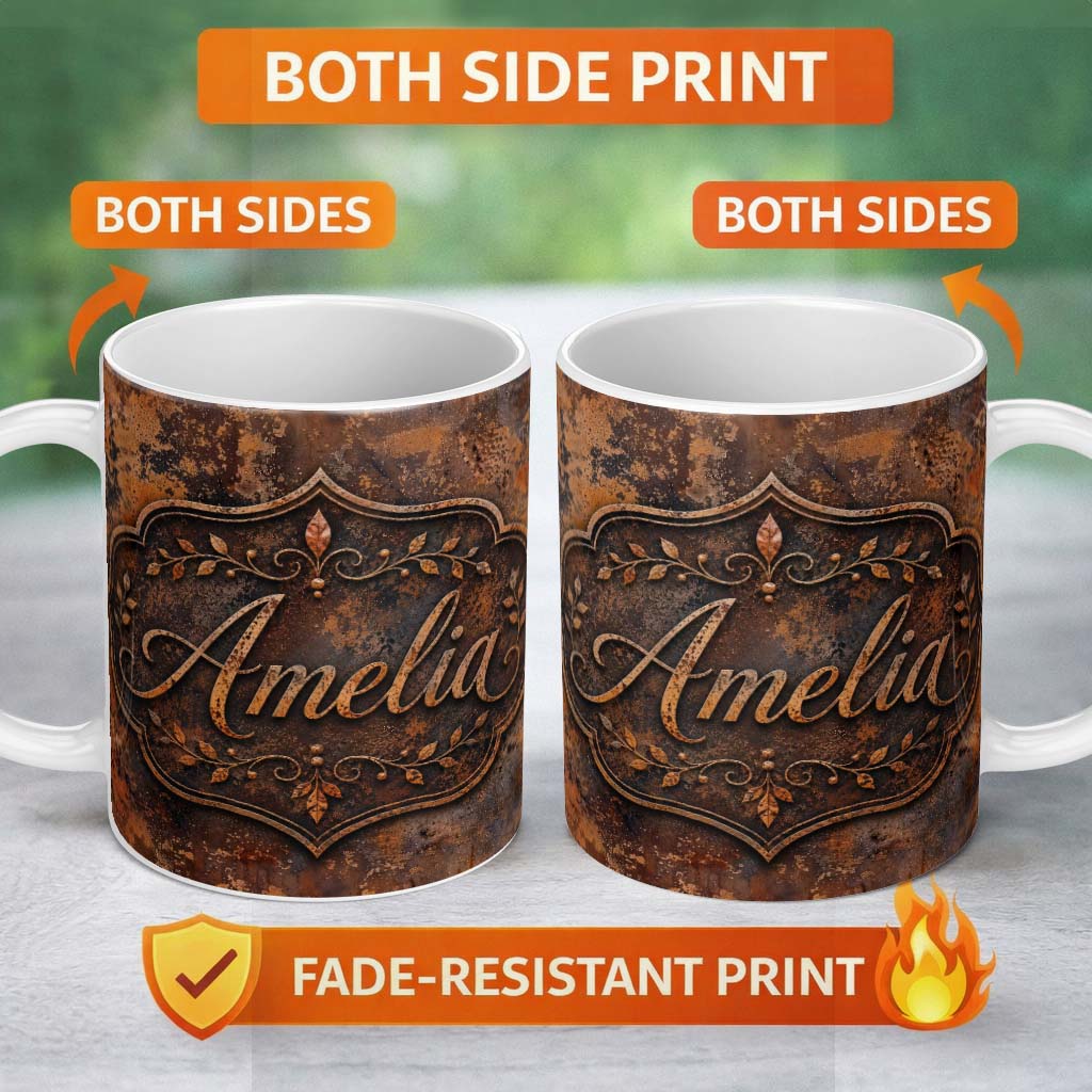 Personalized Custom Name Dark Rusted Surface Seamless Pattern Industrial Grunge Texture 11oz Ceramic Coffee Tea Mug White Large Handle