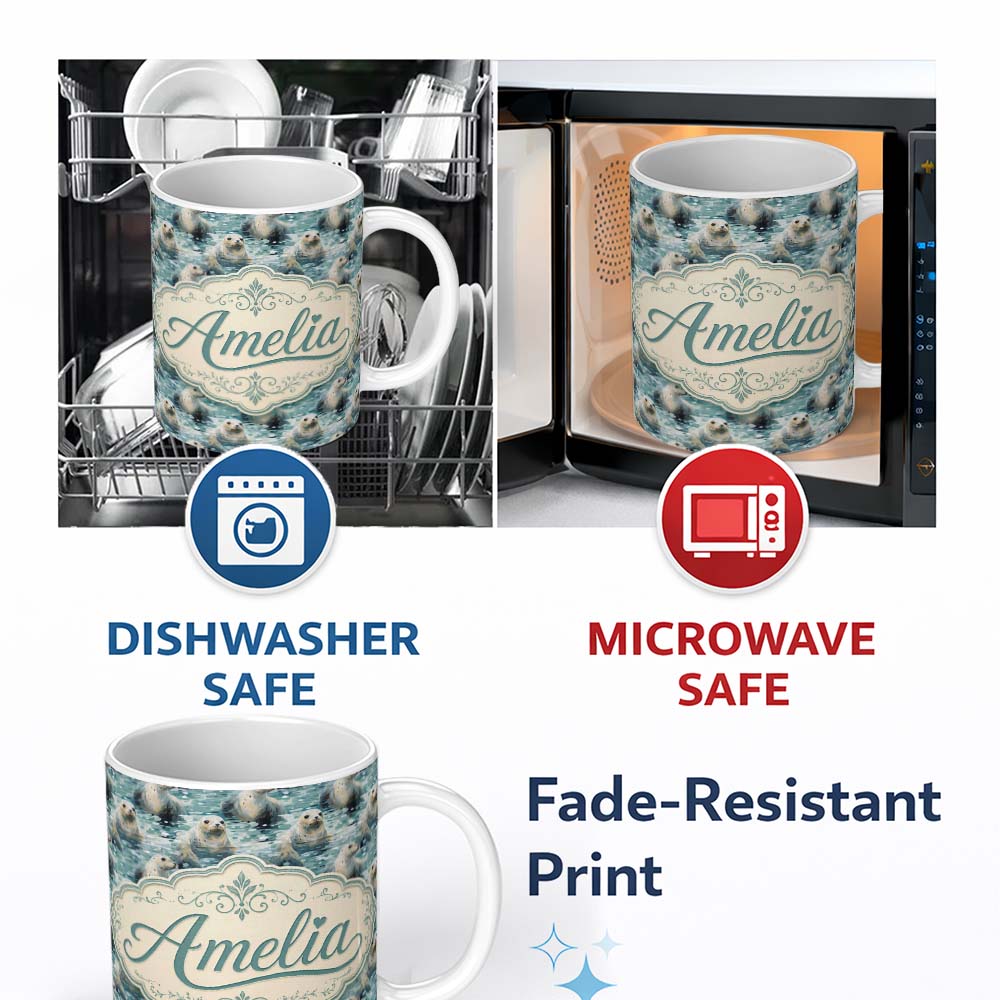 Personalized Custom Name Realistic Seals Swimming in Water Blue Ocean Texture Seamless Lovely 11oz Ceramic Coffee Tea Mug White Large Handle