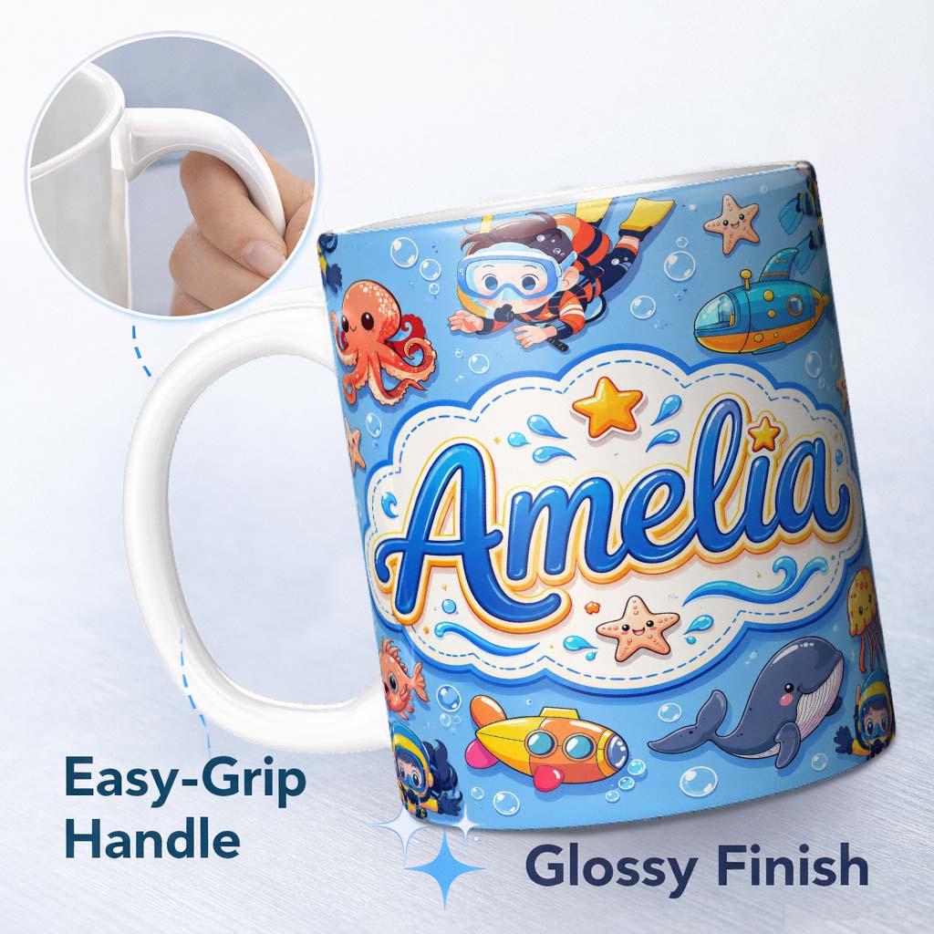 Personalized Custom Name Kids Scuba Divers Submarine Jellyfish Ocean Animals Blue Background 11oz Ceramic Coffee Tea Mug White Large Handle