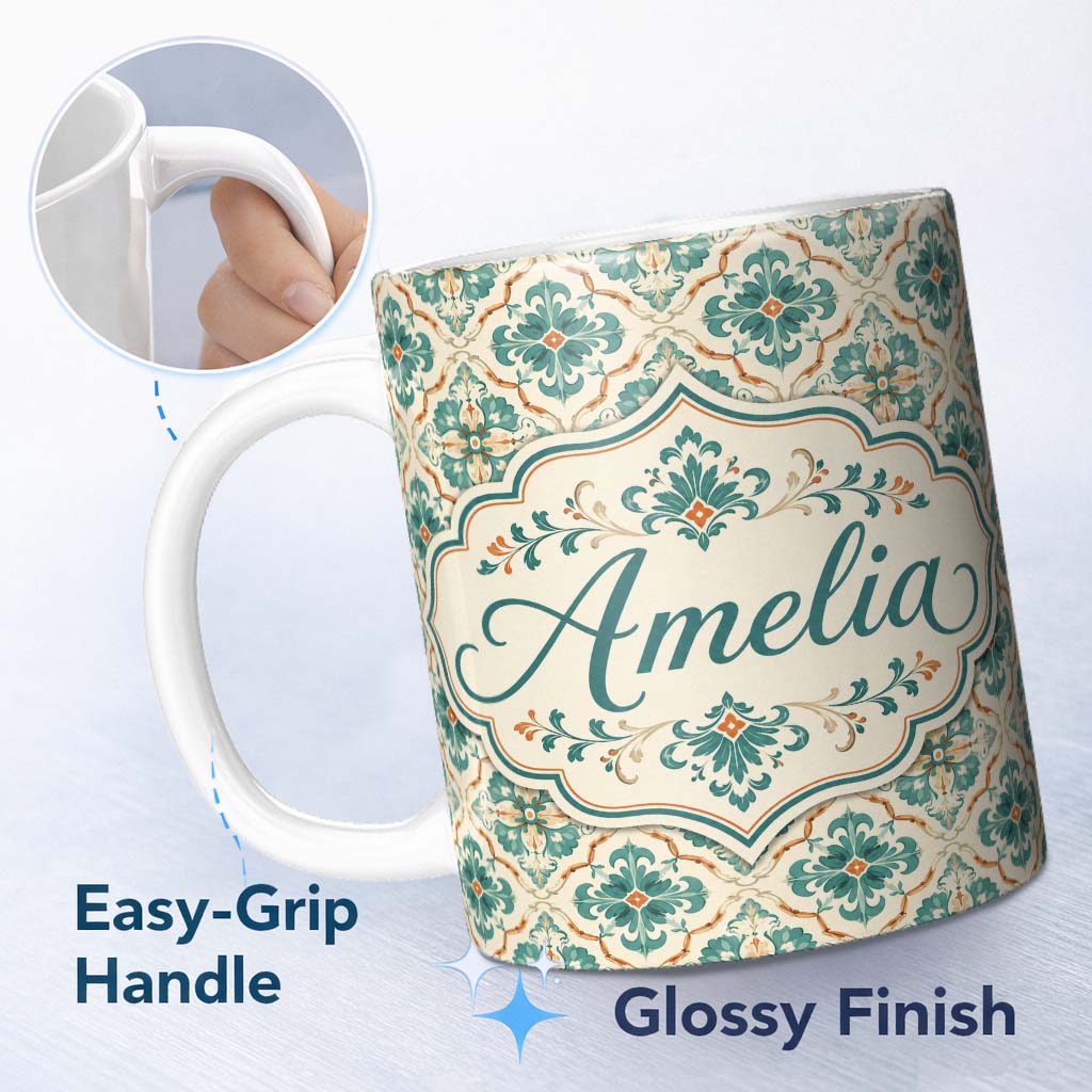 Personalized Custom Name Teal and Cream Ornamental Floral Tile Pattern with Subtle Orange 11oz Ceramic Coffee Tea Mug White Large Handle