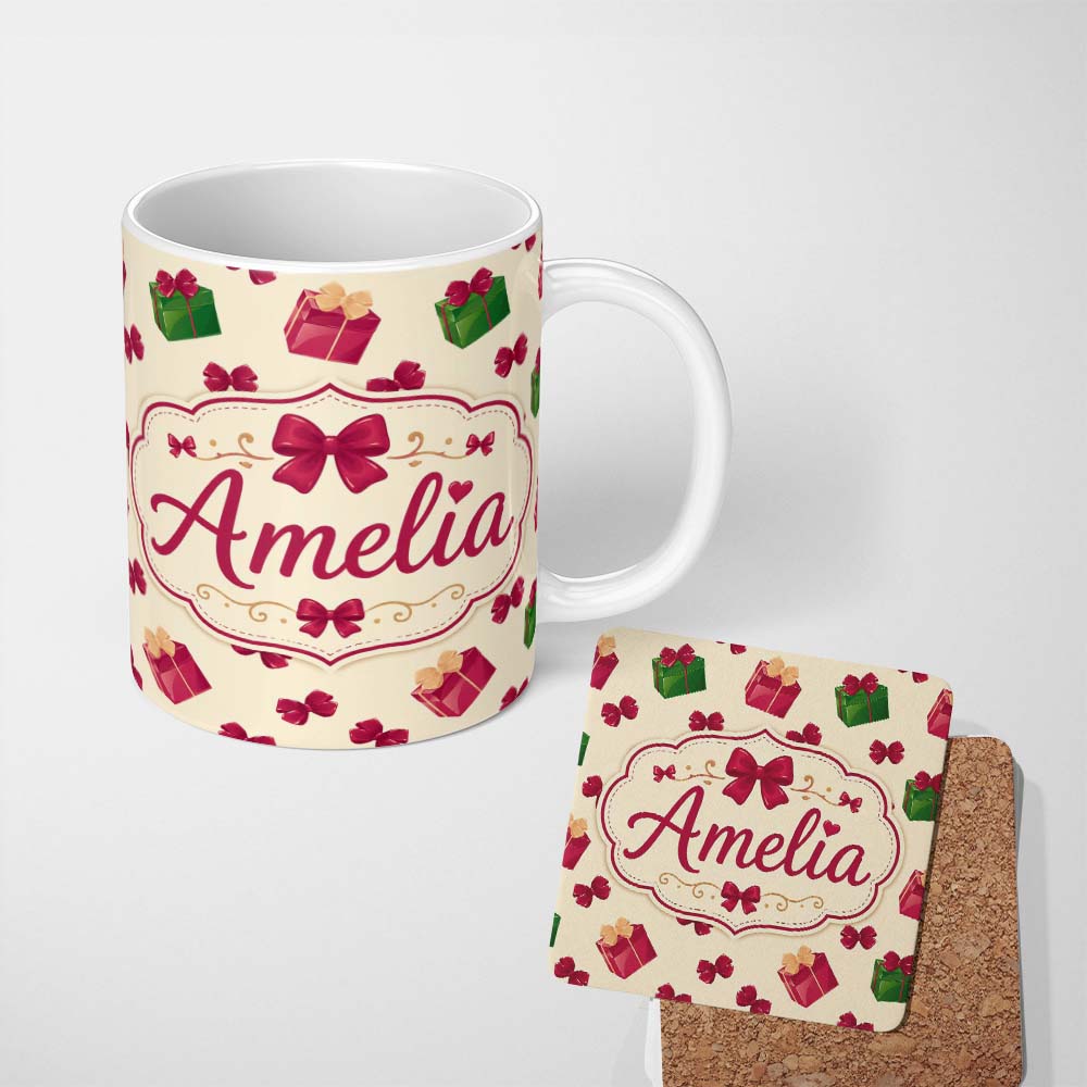 Personalized Custom Name Cute Gift Box Ribbon Bow Festive Seamless Pattern Cute Unique Gift 11oz Ceramic Coffee Tea Mug White Large Handle