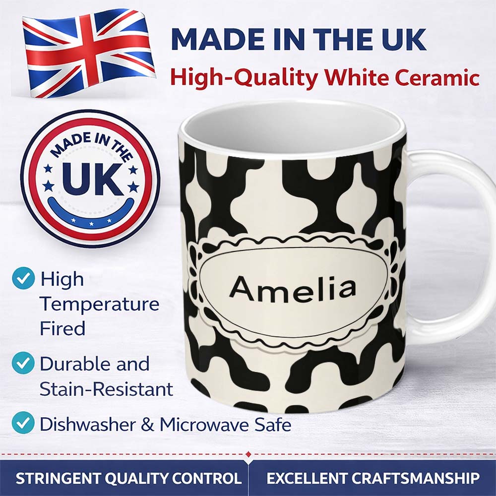Personalized Custom Name Retro Blob Shapes Black Cream Mid Century Abstract Pattern Lovely 11oz Ceramic Coffee Tea Mug White Large Handle