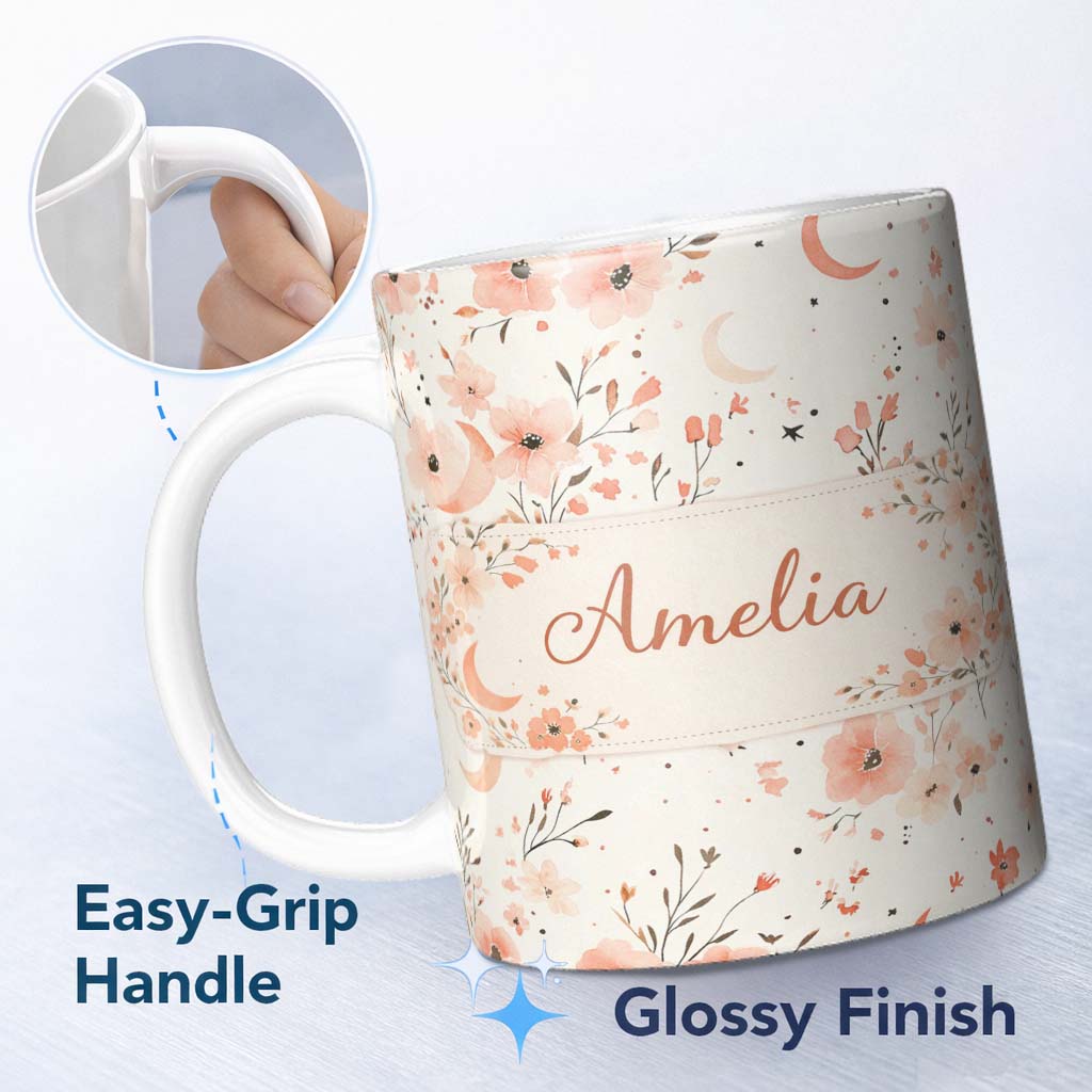 Personalized Custom Name Peach Floral Moon Seamless Pattern Stylish Everyday Mug Lovely 11oz Ceramic Coffee Tea Mug White Large Handle