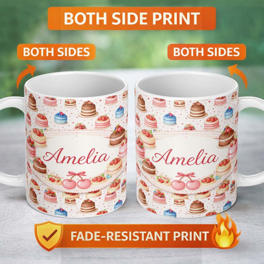 Personalized Custom Name Orange Floral Cake Seamless Pattern Botanical Dessert Food Design 11oz Ceramic Coffee Tea Mug White Large Handle