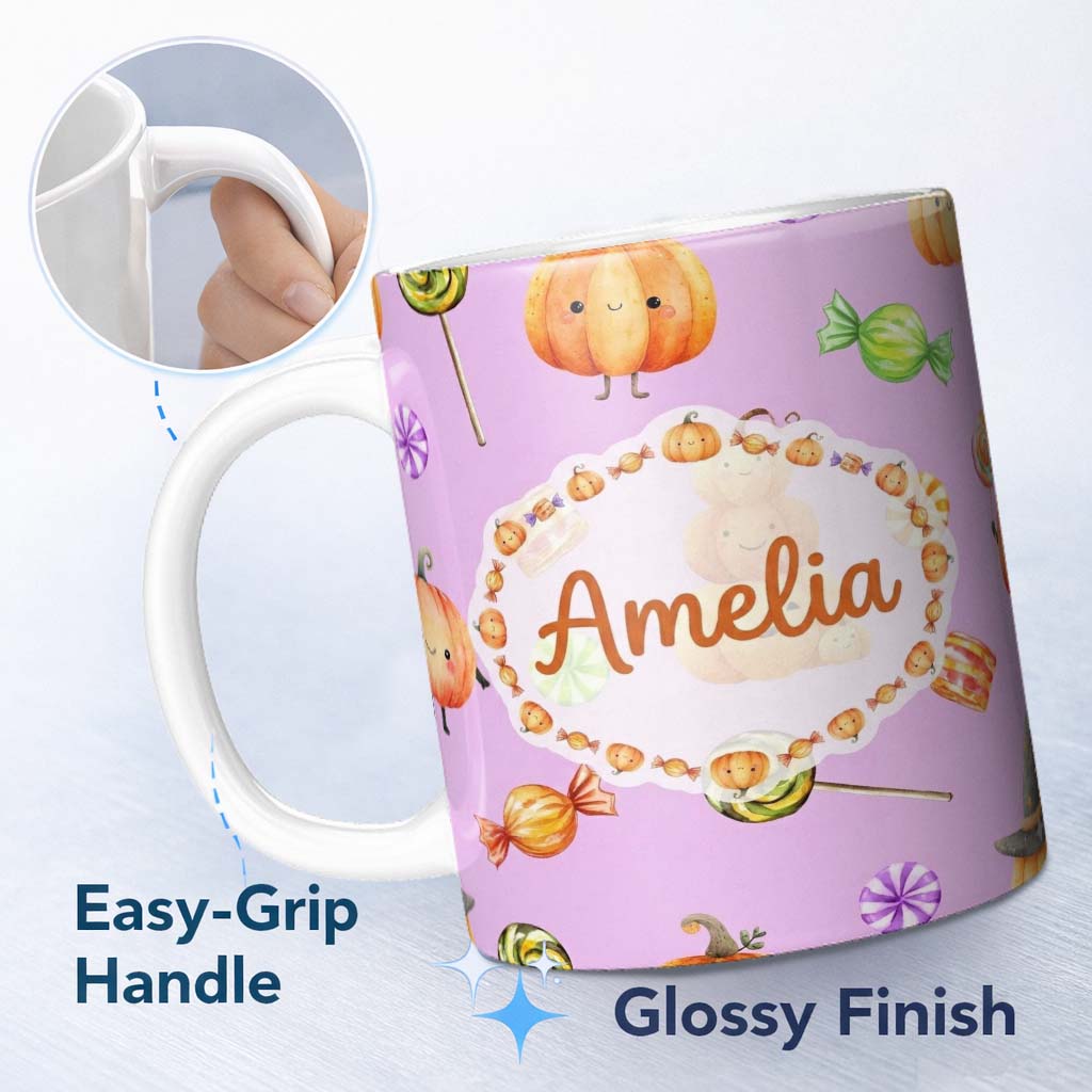 Personalized Custom Name Cute Watercolor Pumpkins and Candy Sweets on Sage Green Background 11oz Ceramic Coffee Tea Mug White Large Handle