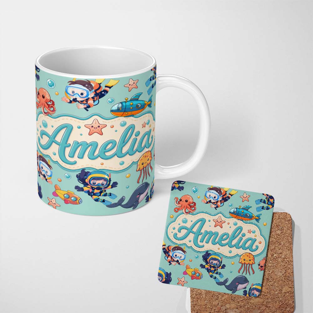 Personalized Custom Name Kids Scuba Divers Submarine Jellyfish Ocean Animals Mint Green 11oz Ceramic Coffee Tea Mug White Large Handle
