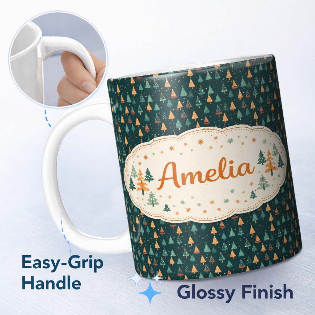 Personalized Custom Name Christmas Tree Festive Pattern Dark Teal Background Seamless Pattern 11oz Ceramic Coffee Tea Mug White Large Handle
