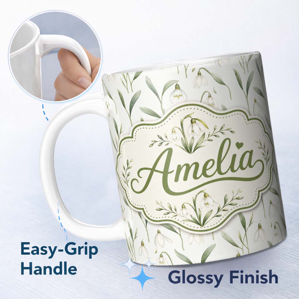 Personalized Custom Name Minimalist White Bell Floral on Subtle Neutral Background Seamless 11oz Ceramic Coffee Tea Mug White Large Handle