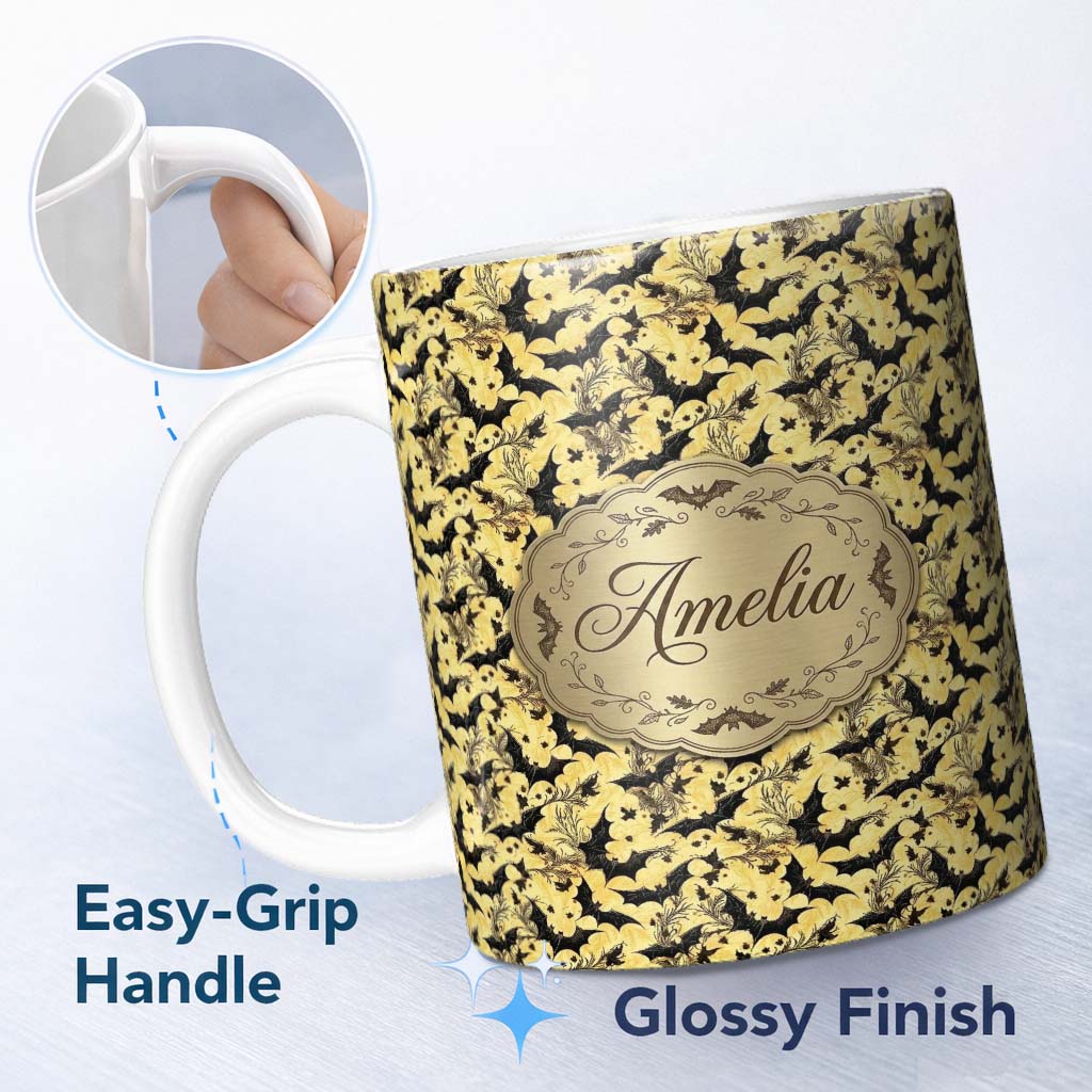 Personalized Custom Name Ornate Gothic Bats with Floral Swirls on Golden Background Halloween 11oz Ceramic Coffee Tea Mug White Large Handle