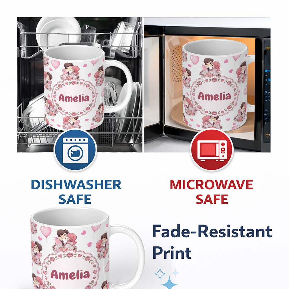 Personalized Custom Name Romantic Couple Kissing Floral Bouquet Hearts Pattern Light Grey 11oz Ceramic Coffee Tea Mug White Large Handle