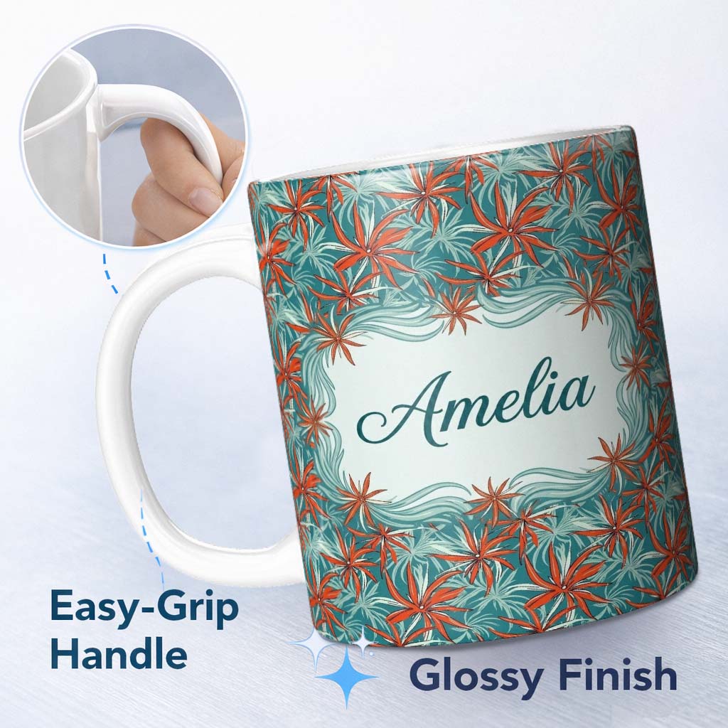 Personalized Custom Name Bold Red Floral Starburst Teal Background Seamless Pattern Lovely 11oz Ceramic Coffee Tea Mug White Large Handle