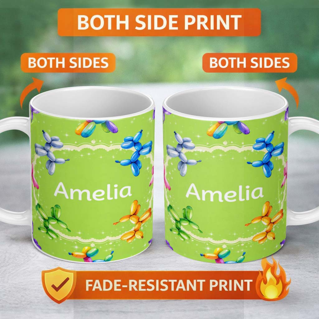 Personalized Custom Name Balloon Dog Seamless Pattern Green Background Colorful Party Design 11oz Ceramic Coffee Tea Mug White Large Handle