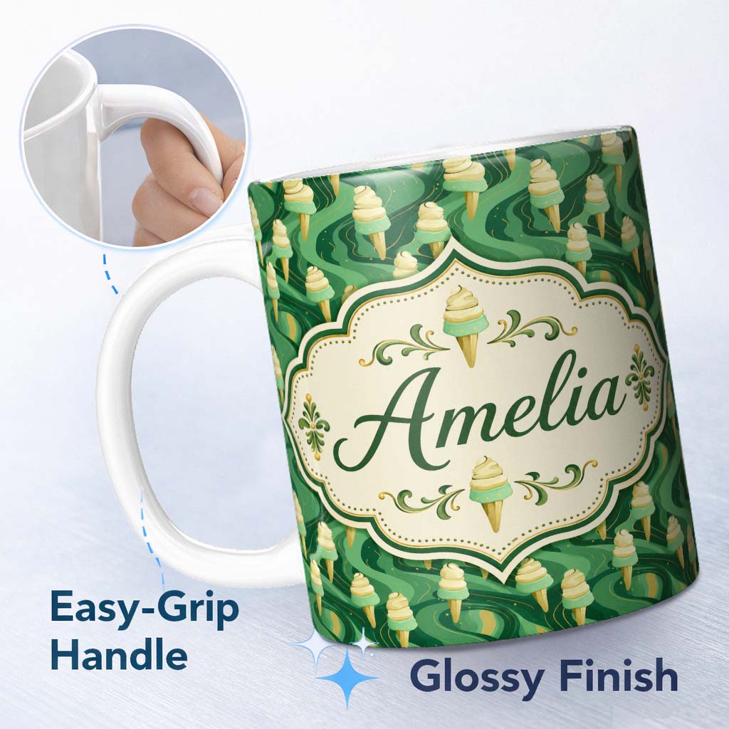 Personalized Custom Name Abstract Green Swirl Background with Vanilla Ice Cream Cones Modern 11oz Ceramic Coffee Tea Mug White Large Handle