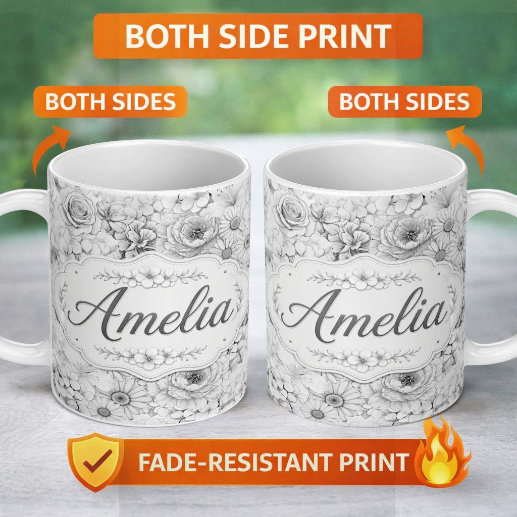 Personalized Custom Name Elegant Monochrome Floral Bouquet Pattern with Roses Peonies and 11oz Ceramic Coffee Tea Mug White Large Handle