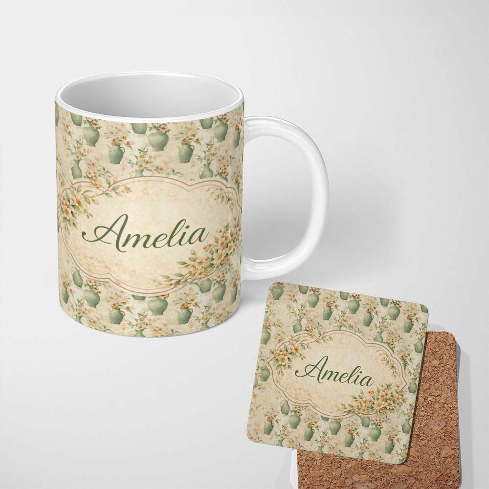 Personalized Custom Name Soft Green Vase Floral Seamless Pattern Vintage Botanical Aesthetic 11oz Ceramic Coffee Tea Mug White Large Handle