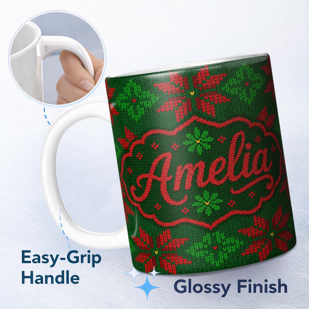 Personalized Custom Name Cute Green Red Nordic Floral Snowflake Winter Knitted Seamless 11oz Ceramic Coffee Tea Mug White Large Handle