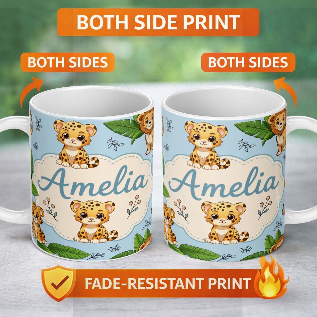 Personalized Custom Name Cute Jungle Animals Lion Tiger Leopard Tropical Leaves Pattern Blue 11oz Ceramic Coffee Tea Mug White Large Handle