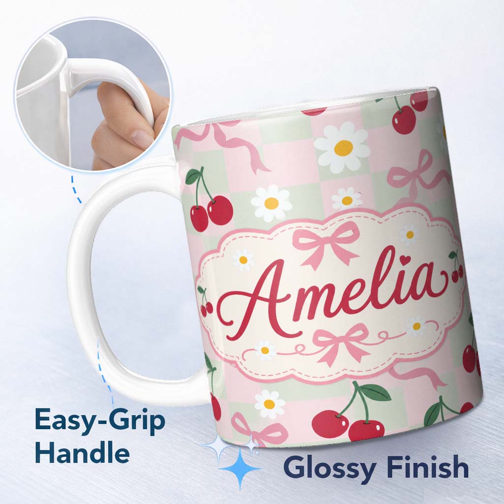 Personalized Custom Name Cute Cherry and Daisy Flowers with Pink Ribbon Bows Green Check 11oz Ceramic Coffee Tea Mug White Large Handle