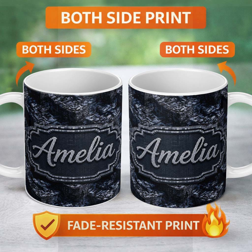 Personalized Custom Name Dark Futuristic Cube Abstract Geometric Seamless Pattern Lovely 11oz Ceramic Coffee Tea Mug White Large Handle
