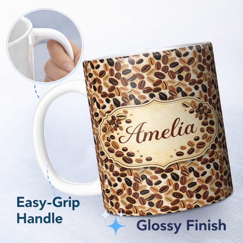 Personalized Custom Name Coffee Cup Beans Botanical Vintage Seamless Pattern Cute Unique Gift 11oz Ceramic Coffee Tea Mug White Large Handle
