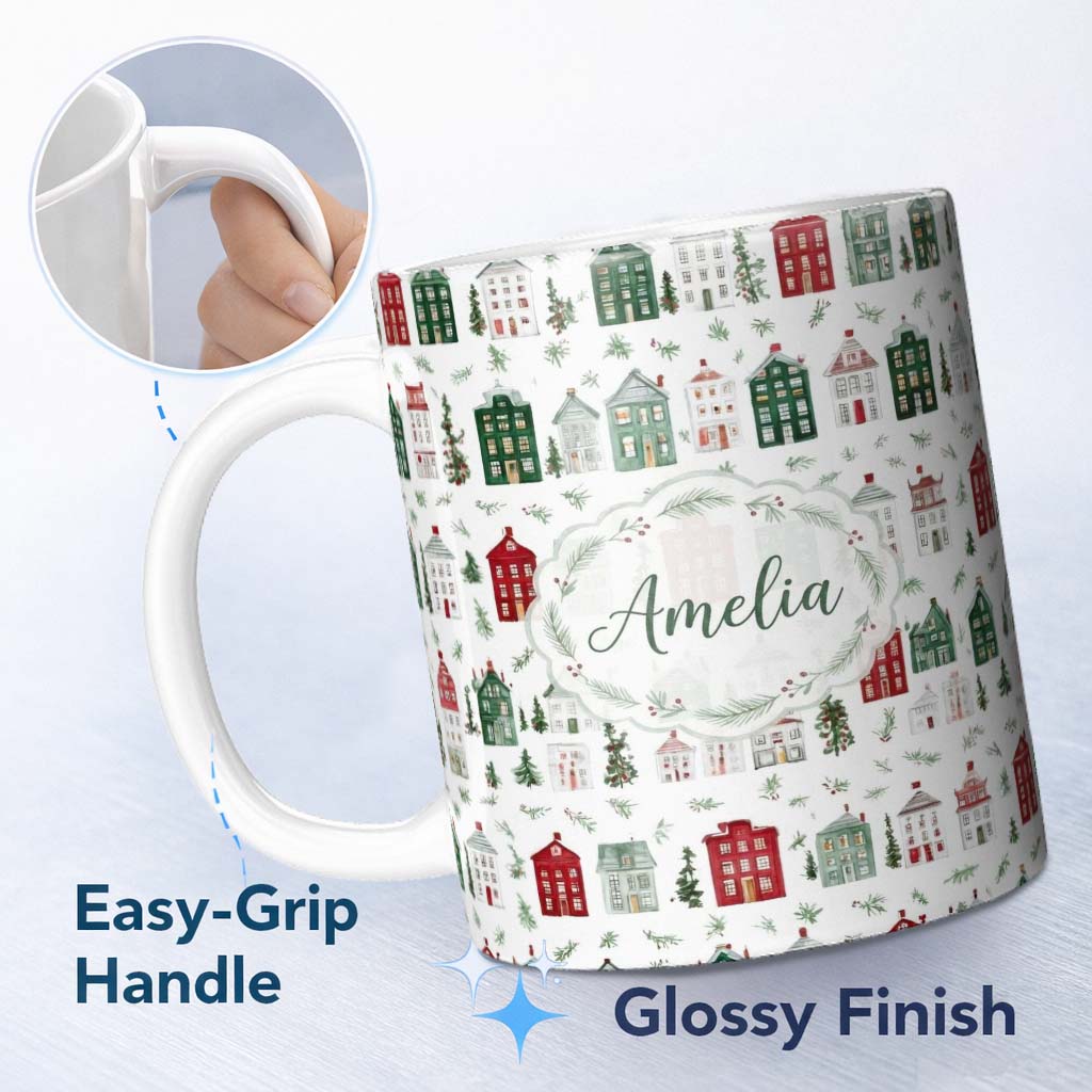 Personalized Custom Name Watercolor Christmas Holly Berry Wreath Pattern Festive Winter 11oz Ceramic Coffee Tea Mug White Large Handle