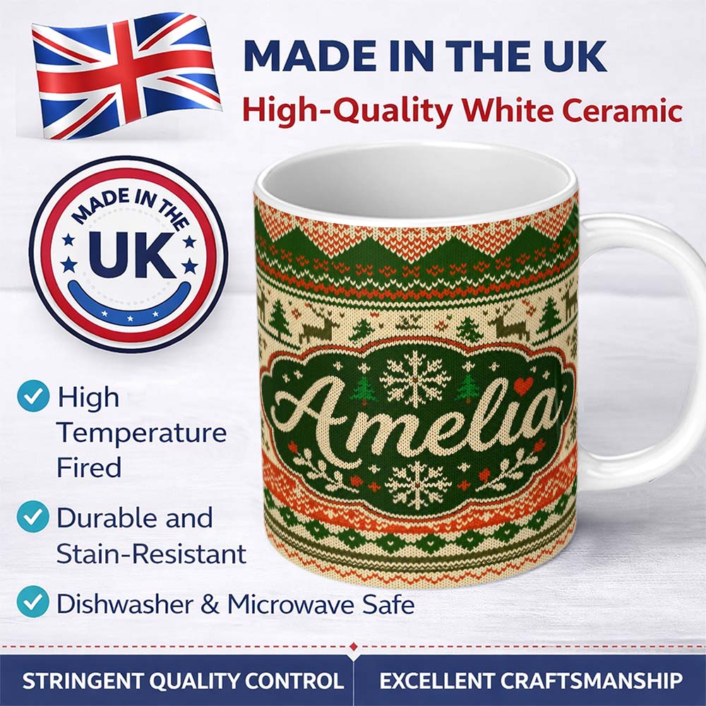 Personalized Custom Name Nordic Zigzag Knit Green Red Cream Geometric Festive Sweater Style 11oz Ceramic Coffee Tea Mug White Large Handle
