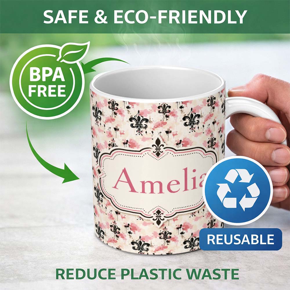 Personalized Custom Name Pink Grunge Fleur De Lis Artistic Vintage Seamless Pattern Lovely 11oz Ceramic Coffee Tea Mug White Large Handle