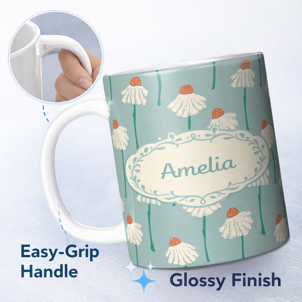 Personalized Custom Name Tropical Floral With Red Top Seamless Pattern Thoughtful Gift Idea 11oz Ceramic Coffee Tea Mug White Large Handle