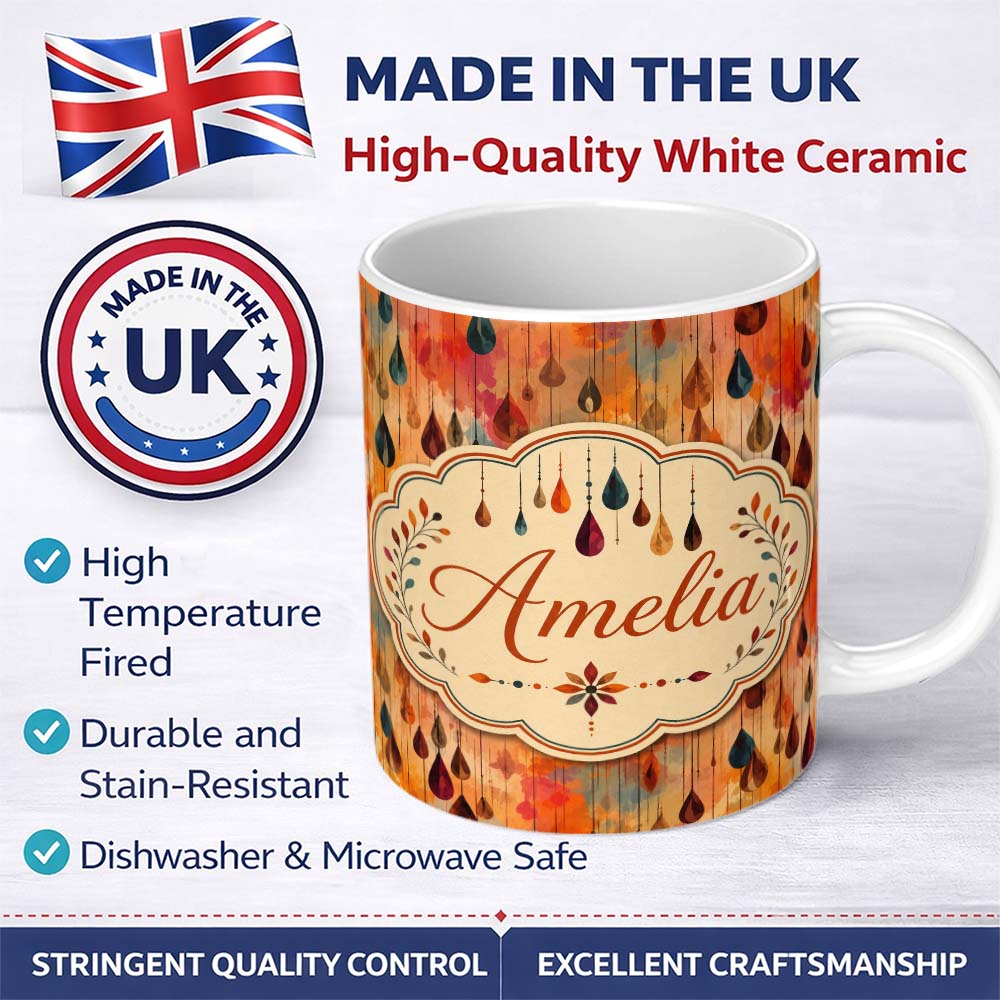Personalized Custom Name Warm Autumn Raindrop Abstract Watercolor Seamless Pattern Lovely 11oz Ceramic Coffee Tea Mug White Large Handle