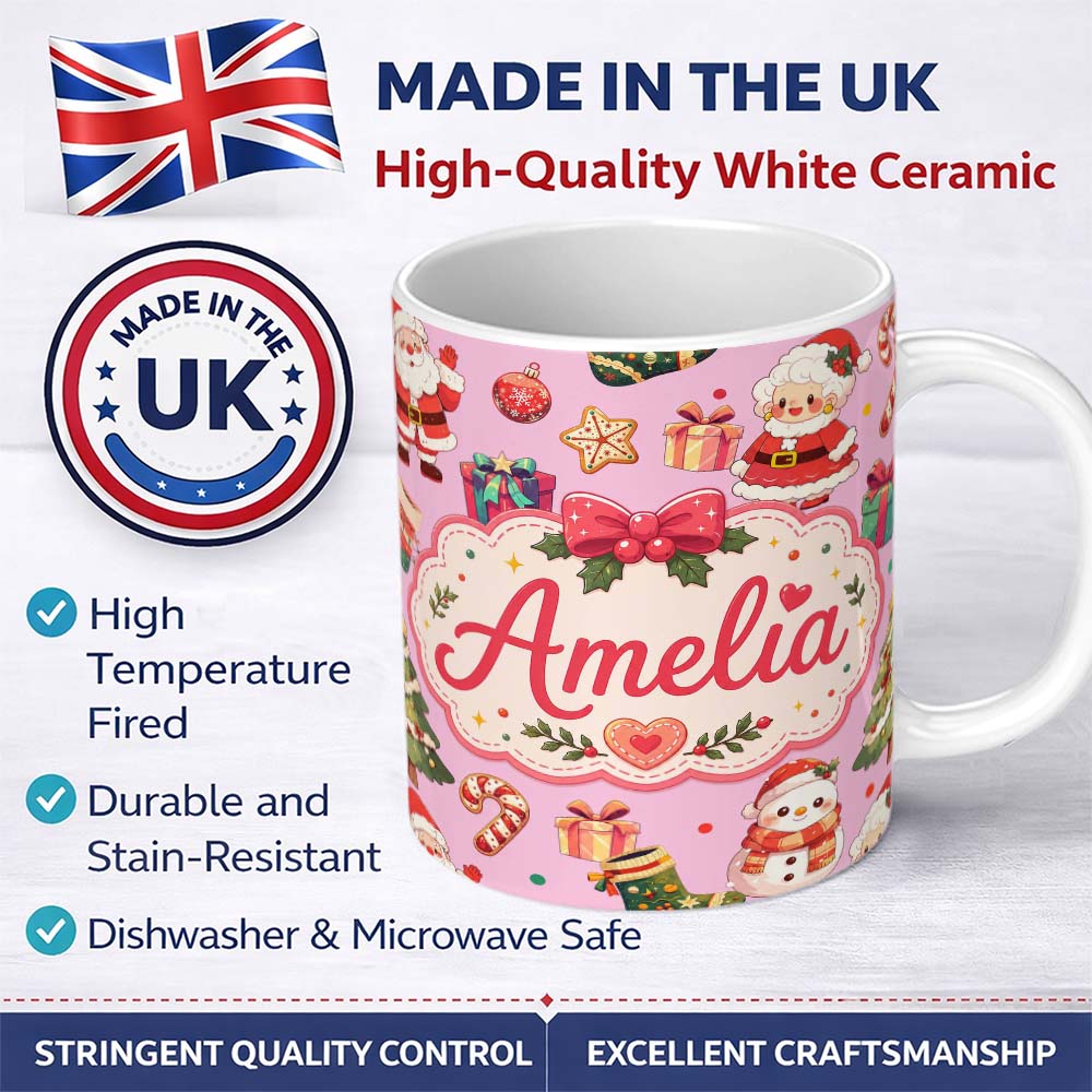 Personalized Custom Name Cute Santa Claus Mrs Claus Snowman Christmas Gift Candy Cane Pink 11oz Ceramic Coffee Tea Mug White Large Handle