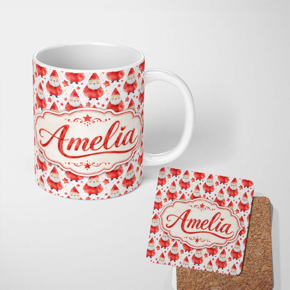 Personalized Custom Name Watercolor Santa Stars White Background Cute Christmas Soft Festive 11oz Ceramic Coffee Tea Mug White Large Handle