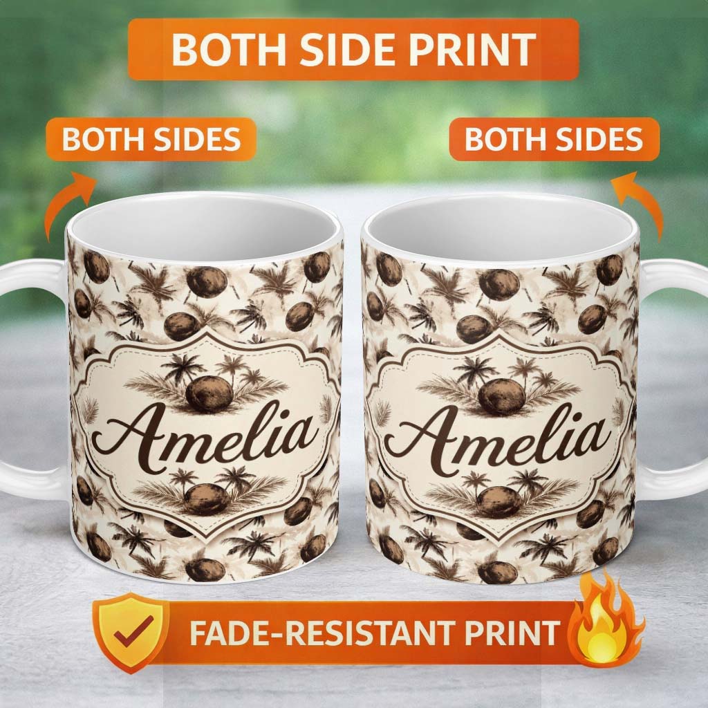 Personalized Custom Name Vintage Coconut and Palm Tree Monochrome Sepia Island Repeat Pattern 11oz Ceramic Coffee Tea Mug White Large Handle