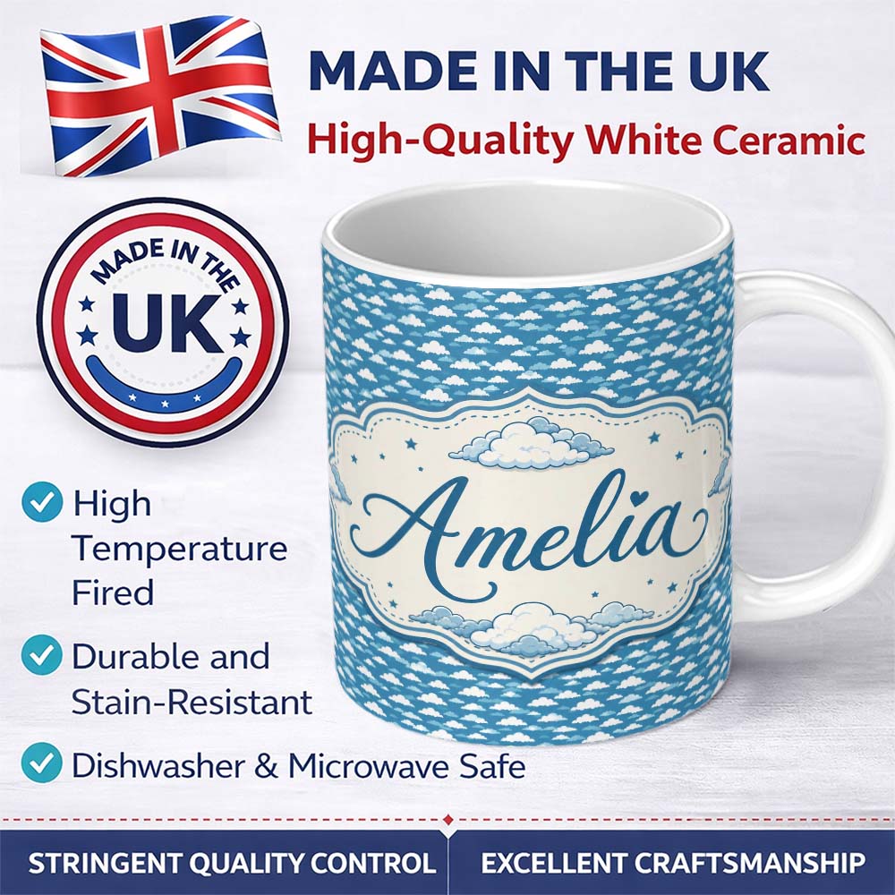 Personalized Custom Name Dense Cloud Pattern Blue Tones Small Scale Seamless Design Lovely 11oz Ceramic Coffee Tea Mug White Large Handle