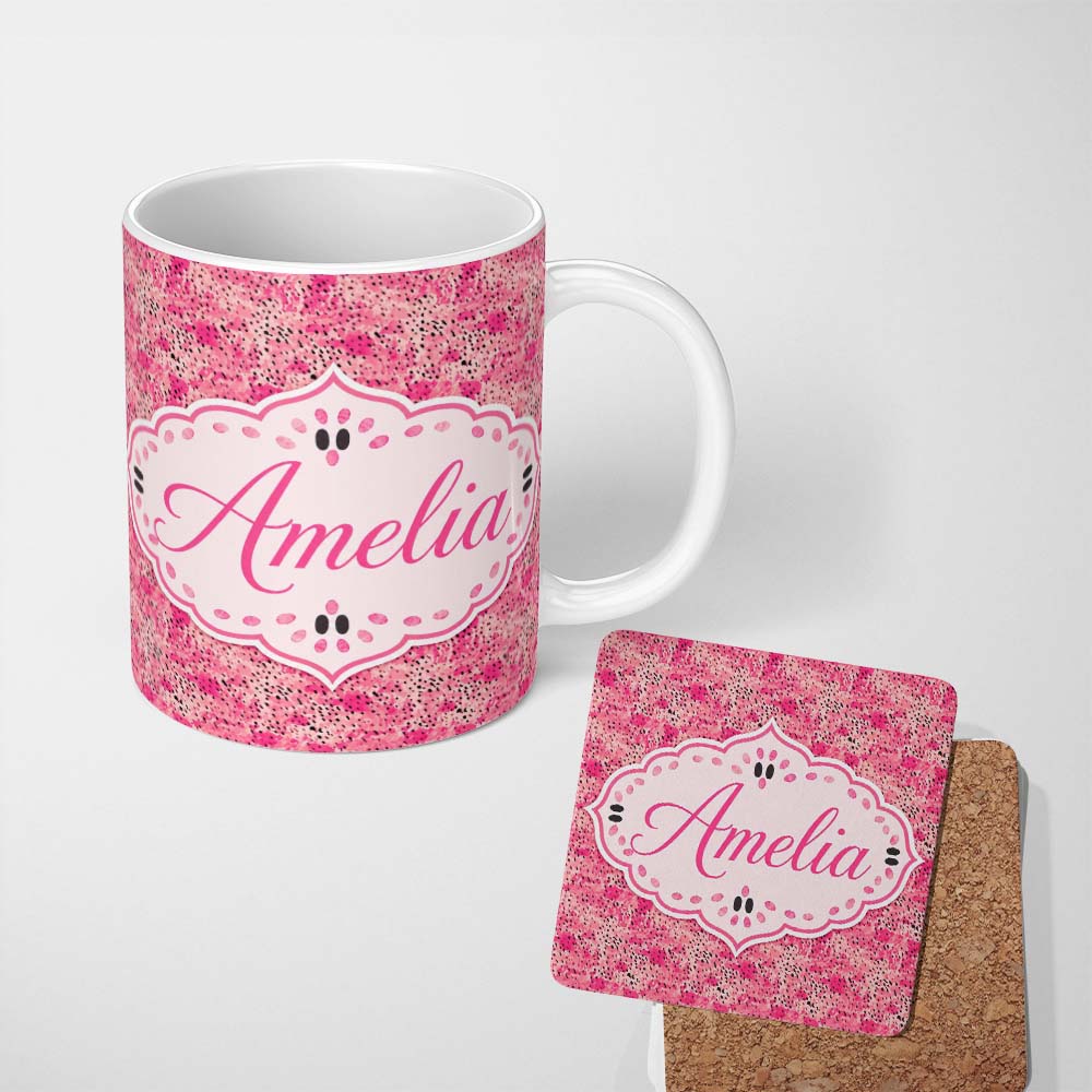 Personalized Custom Name Pink Abstract Speckled Brushstroke Texture Seamless Pattern Lovely 11oz Ceramic Coffee Tea Mug White Large Handle