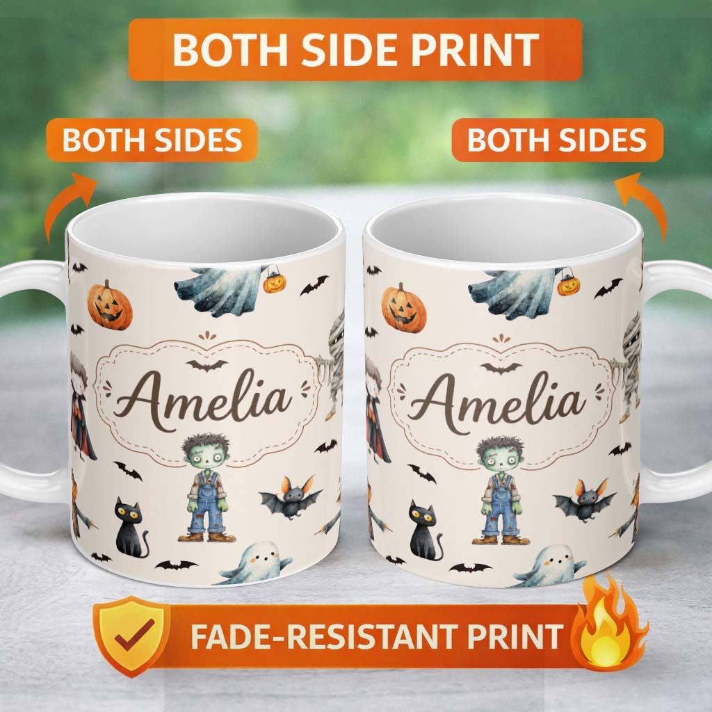 Personalized Custom Name Halloween Zombie Mummy Vampire and Bat Characters Beige Background 11oz Ceramic Coffee Tea Mug White Large Handle