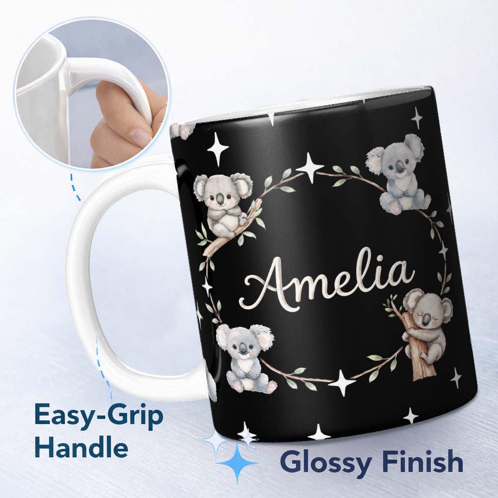 Personalized Custom Name Cute Baby Koala Bears with Stars on Black Background Seamless Lovely 11oz Ceramic Coffee Tea Mug White Large Handle