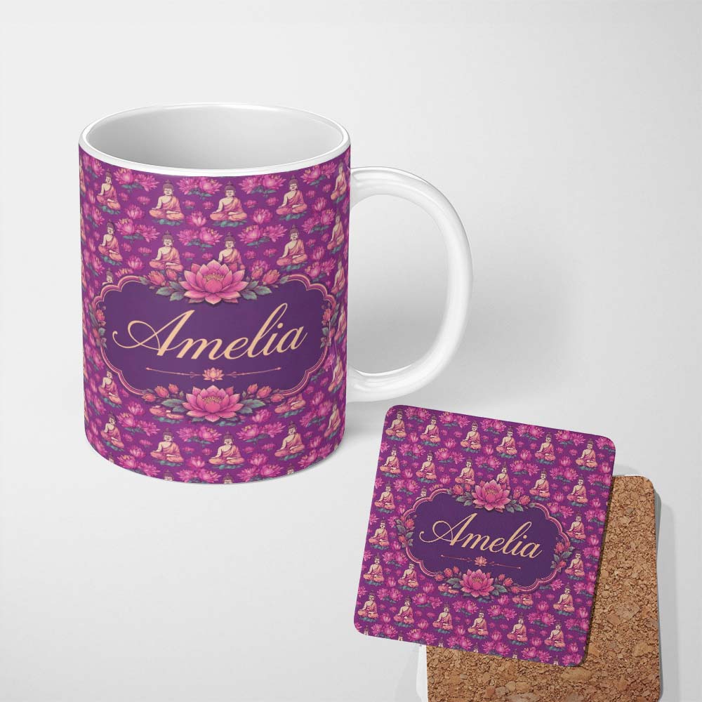 Personalized Custom Name Meditating Buddha with Lotus Flowers Purple Seamless Pattern Lovely 11oz Ceramic Coffee Tea Mug White Large Handle