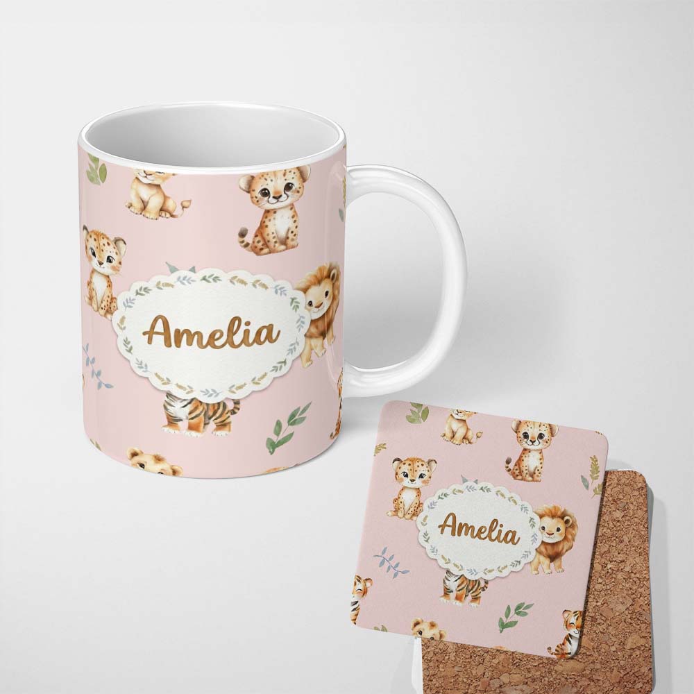 Personalized Custom Name Cute Baby Jungle Animals with Leaves on Blush Pink Background Lovely 11oz Ceramic Coffee Tea Mug White Large Handle