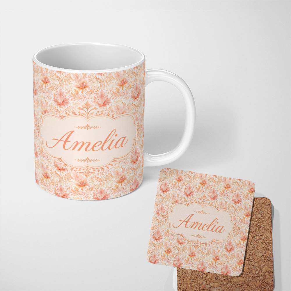Personalized Custom Name Elegant Floral Botanical with Soft Peach Blossoms and Delicate 11oz Ceramic Coffee Tea Mug White Large Handle