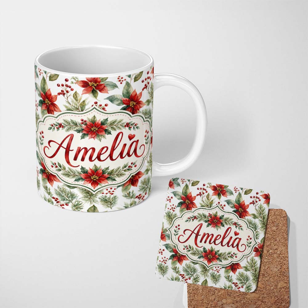 Personalized Custom Name Watercolor Poinsettia Flowers Holly Leaves Red Berries Seamless 11oz Ceramic Coffee Tea Mug White Large Handle