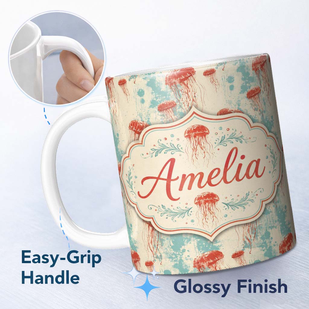 Personalized Custom Name Red Jellyfish Illustration on Distressed BlueBackground Ocean Lovely 11oz Ceramic Coffee Tea Mug White Large Handle