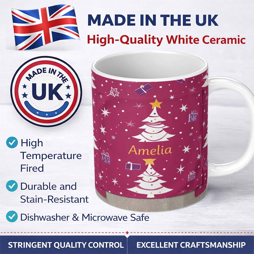 Personalized Custom Name White Christmas Tree Star Gift Festive Seamless Pattern Lovely 11oz Ceramic Coffee Tea Mug White Large Handle