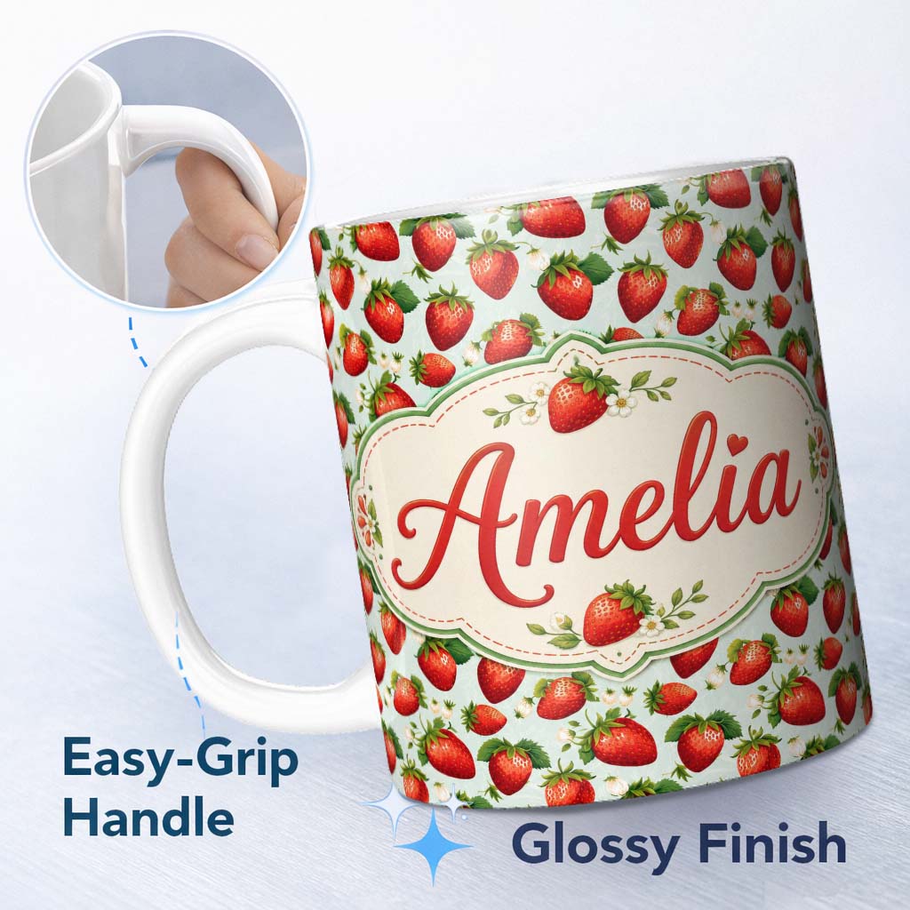 Personalized Custom Name Fresh Strawberries and Leaves on Soft Sage Green Background Seamless 11oz Ceramic Coffee Tea Mug White Large Handle