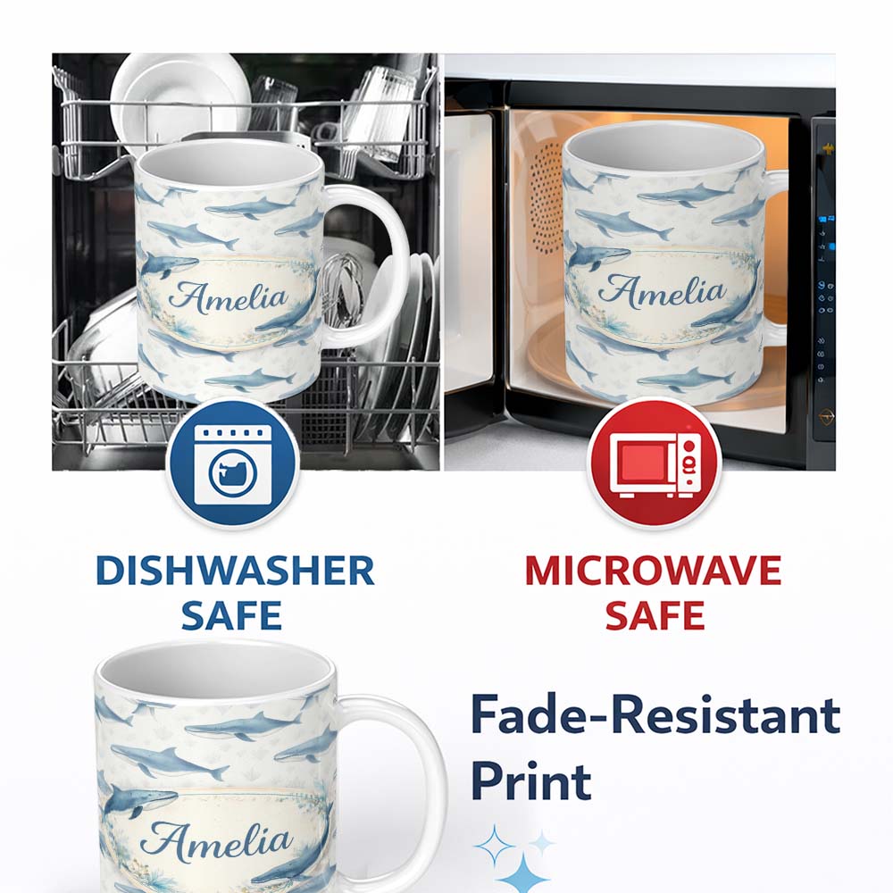 Personalized Custom Name Watercolor Blue Beluga Whale Seamless Pattern Marine Ocean Design 11oz Ceramic Coffee Tea Mug White Large Handle