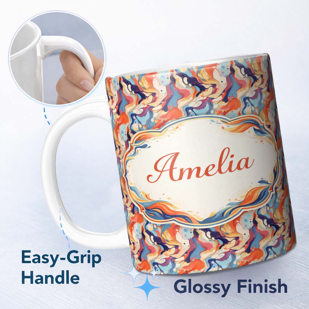 Personalized Custom Name Vibrant Retro Marble Swirl Blue Orange Cream Abstract Pattern Lovely 11oz Ceramic Coffee Tea Mug White Large Handle