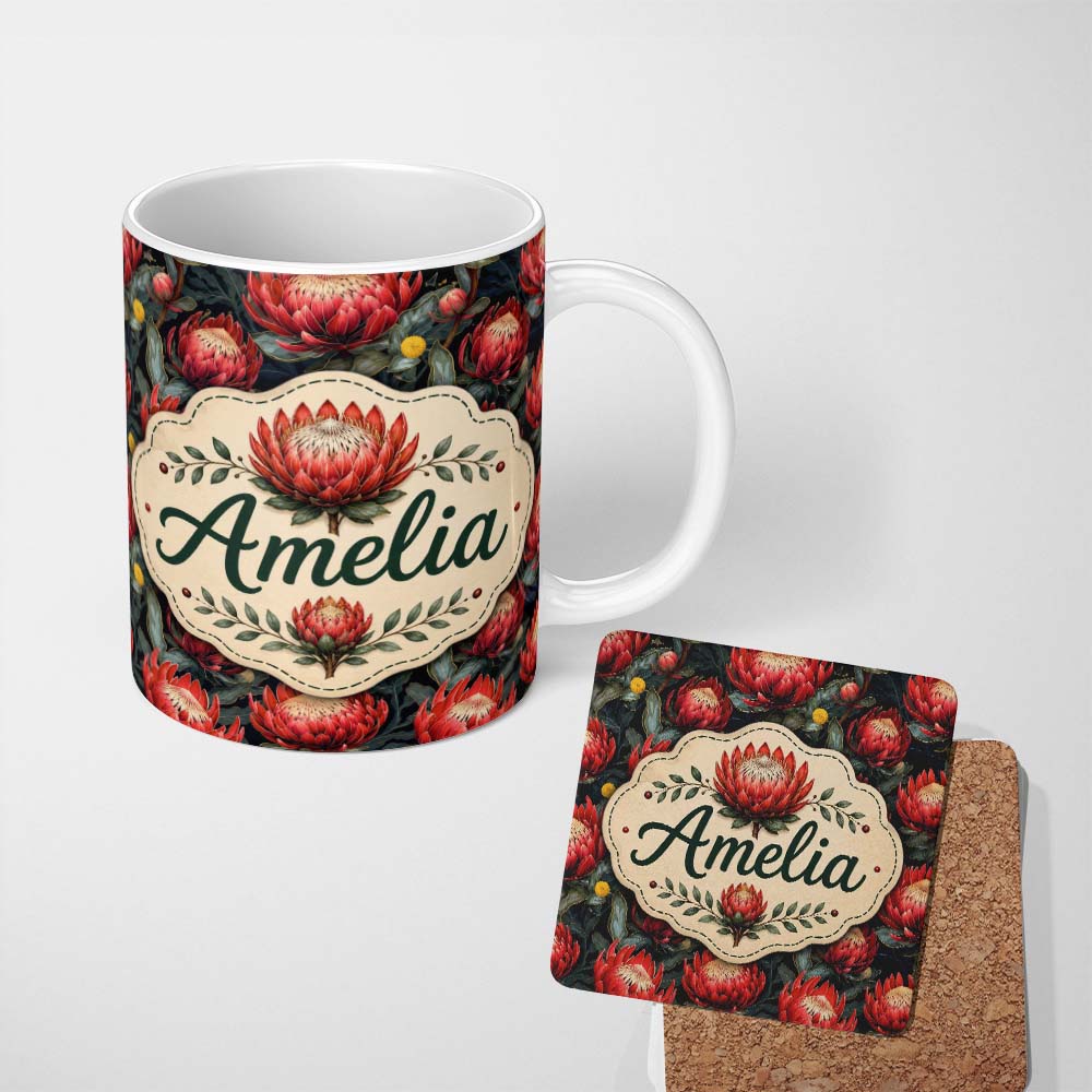 Personalized Custom Name Dark Background Red Protea Botanical Seamless Pattern Lovely 11oz Ceramic Coffee Tea Mug White Large Handle