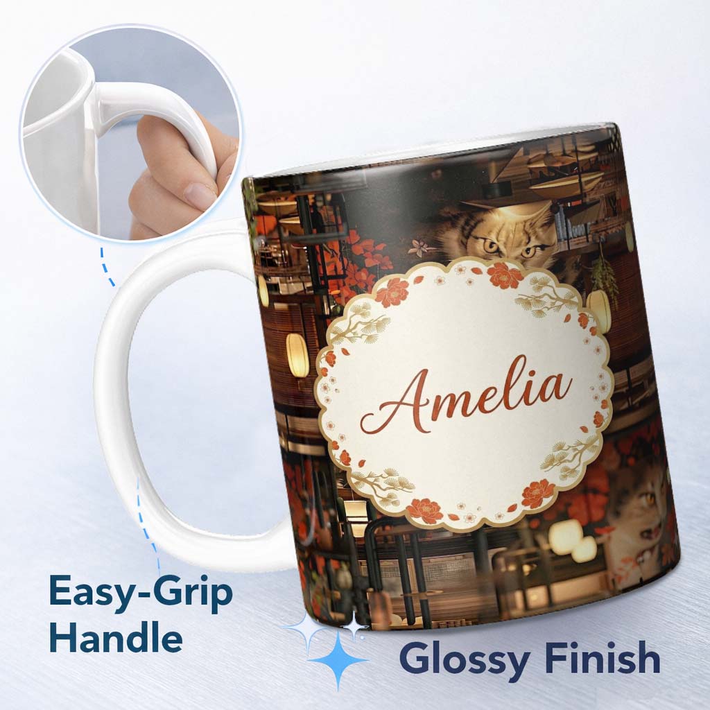 Personalized Custom Name Artistic Cat with Red Flowers in Japanese Style Interior Decorative 11oz Ceramic Coffee Tea Mug White Large Handle