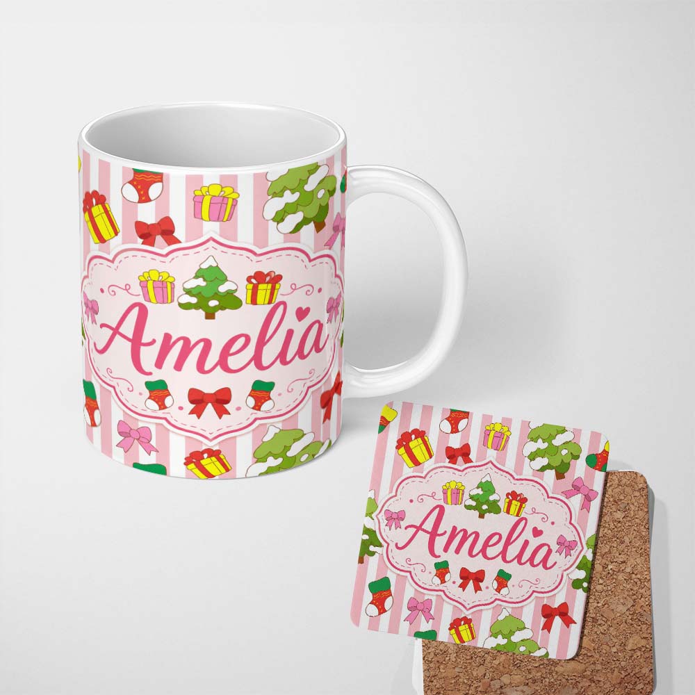 Personalized Custom Name Cute Christmas Gifts Stockings Tree Stripe Background Seamless 11oz Ceramic Coffee Tea Mug White Large Handle